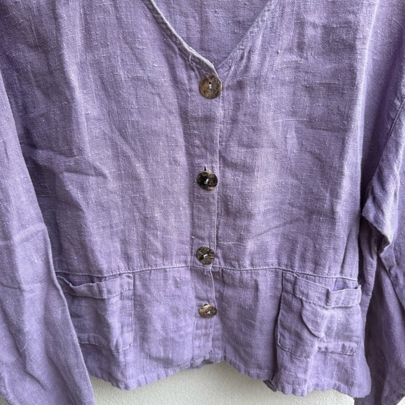 Clio Women's Button Down V-Neck Linen Casual Top Purple Long Sleeve Lightweight - Picture 3 of 6